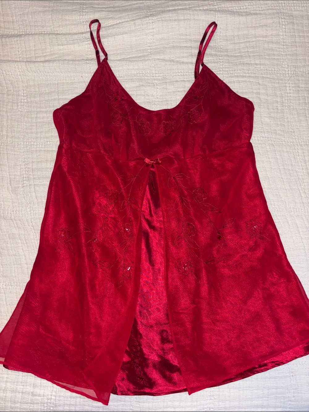 Valerie Stevens Bright Red Satin Lace-Trim Chemise